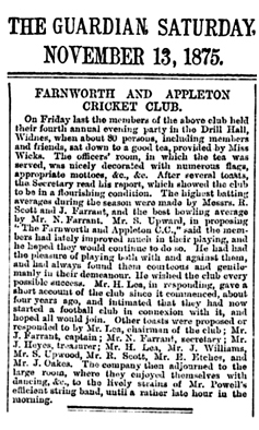 1875年のファーンワース&アップルトン・ガーディアン紙に掲載された、ファーンワース&アップルトン・フットボールクラブの設立を報じる新聞記事の抜粋。
