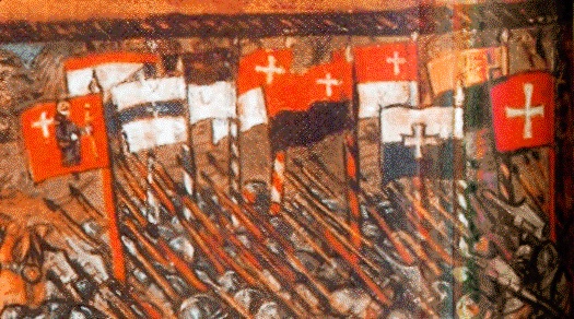 1513 年のルツェルン年代記には、ナンシーの戦い (1477 年) で掲げられた 10 の州の軍旗が描かれている。8 つの州の旗はすべて描かれているが、ベルンとウーリの旗には紋章の動物が省略され、州の色のみが描かれている。さらに、当時はまだ正式な加盟国ではなかったが、この戦いの後に同盟に加わることになるフリブールとゾロトゥルンの旗も描かれている。各旗には同盟の十字が付けられている。