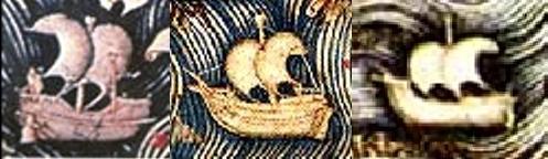 フラ・マウロの地図に描かれた、中国のジャンク船、大西洋横断船、地中海横断船。