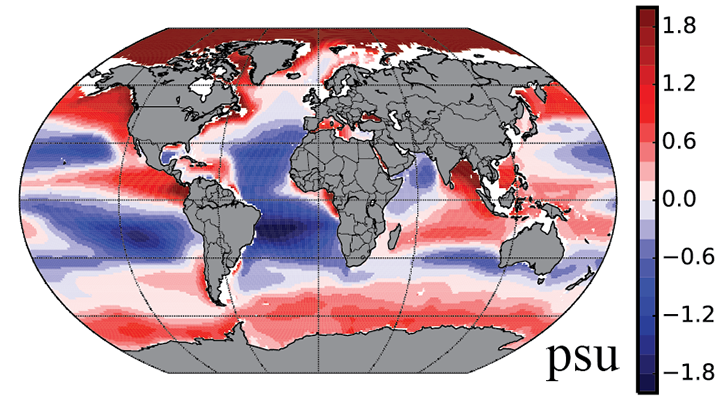 海面から水深300メートルまでの海水塩分濃度の垂直方向の差。赤色の領域では塩分濃度が水深とともに増加し、青色の領域では減少する。