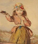 青と赤の野花が描かれた帽子をかぶった少女の水彩画。右手で皿からブドウを差し出し、左手は喉に触れている。背景には山の風景があり、右側には煙突が 2 本ある木造の家が見える。