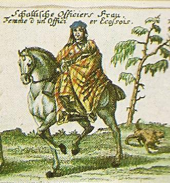 1743 年、フランドルのスコットランド人将校の妻。足首までの長さでベルトのないアライズドを着ており、首元に小さな留め具で留められ、胴着とおそらくスカートの上に着用され、頭布とボンネットを身に着けている (高解像度の白黒バージョン)