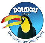 DoudouLinux のロゴには青い円の中にオオハシが描かれており、円の下には「彼らが好むコンピュータ」という言葉が書かれている。