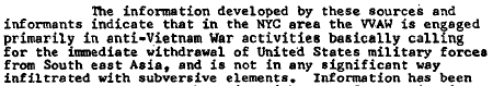 NYC VVAW 支部に関する FBI のメモ。年は不明。