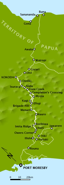 ワイロピを含むココダ トレイルの地図 (1942 年)。地図はページ上部が北東方向になるように回転されています。