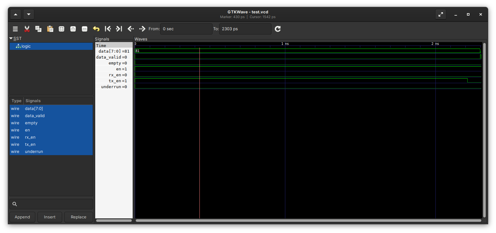 GTKWaveで表示されたVCDファイルの例のスクリーンショット。