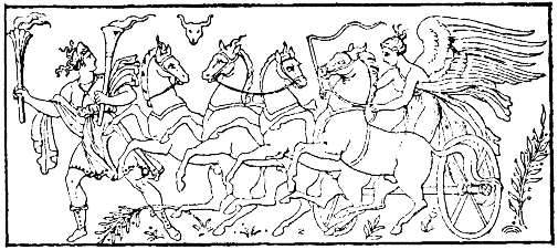 古代の花瓶に描かれた、四頭立ての戦車を操るエオス。
