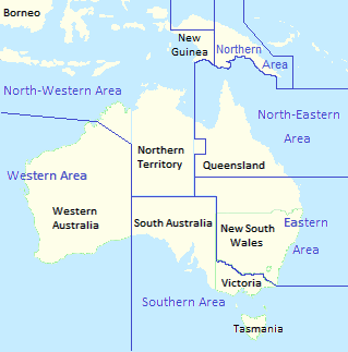 州境を示すオーストラリアの地図。RAAF の管区司令部境界線も重ねて表示されている。