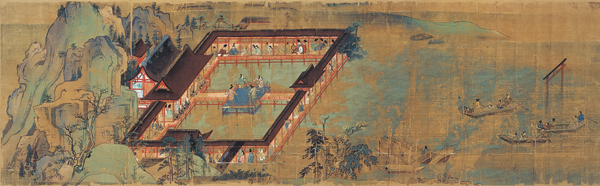 宮島の厳島神社と有名な水上鳥居を不吉に描いた風景画、一遍上人絵伝、1299年