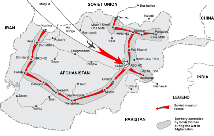 ハバロフ空挺大隊の進路を示す地図。ソ連・アフガニスタン国境からマザール・イ・シャリフ、クンドゥーズ、プリ・フムリを経由してサラン峠に至るルートが示されている。