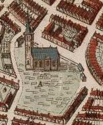 この地図では、墓地に教会の A のマークが付けられており、凡例には「Den Dom van Almenum mit de Kerck」と書かれています。
