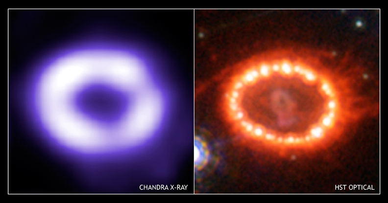 超新星SN 1987Aの膨張する環状残骸と、それが周囲と相互作用する様子を、X線と可視光線で捉えた画像。