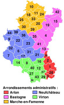 ルクセンブルク州の複合地図。区(地区)と番号付き市町村が表示されています。