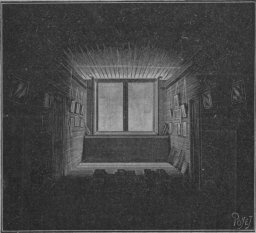 奥の窓の近くだけ光が差し込む、深く暗い部屋の木版画。