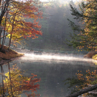 紅葉が見られる2つのエリアの間にある水上歩道橋