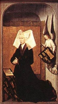 ひざまずいて祈る女性と、その背後に小さな翼のある人物を描いた絵画の詳細