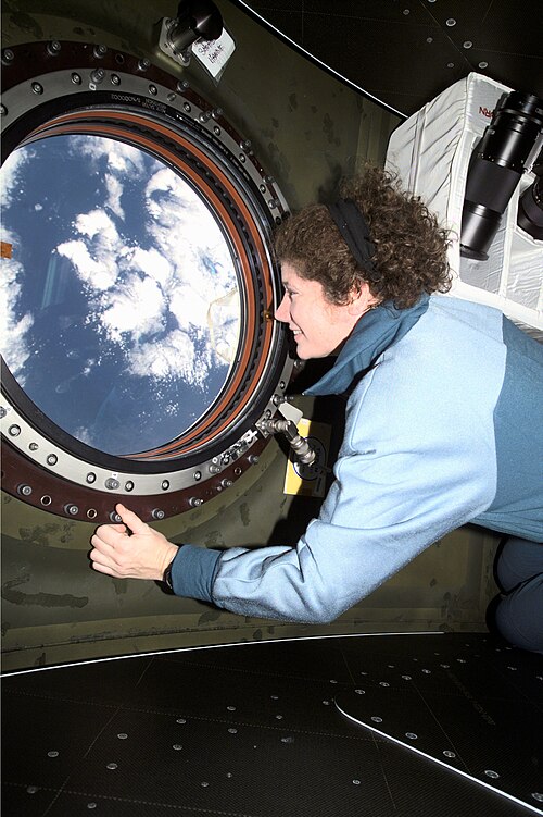 宇宙飛行士スーザン・ヘルムズが天底窓から外を眺めている（2001年）