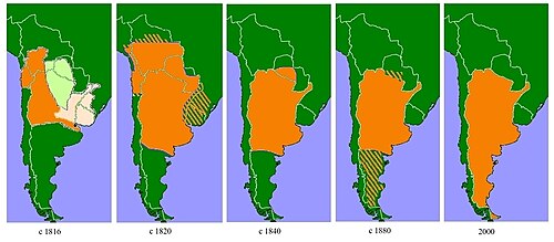 アルゼンチンの先住民族の状況の変化を示すため、緑色の地図にオレンジ色の輪郭線が時間とともに拡大していく様子を描いたもの。