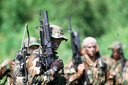 手前に写っている米海軍特殊部隊員は野戦無線機を携行し、M203グレネードランチャーを装備したコルトM653カービン銃で武装している。