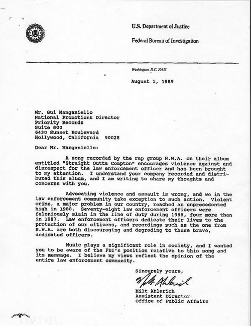FBIがNWAについてプライオリティ・レコードに送った書簡
