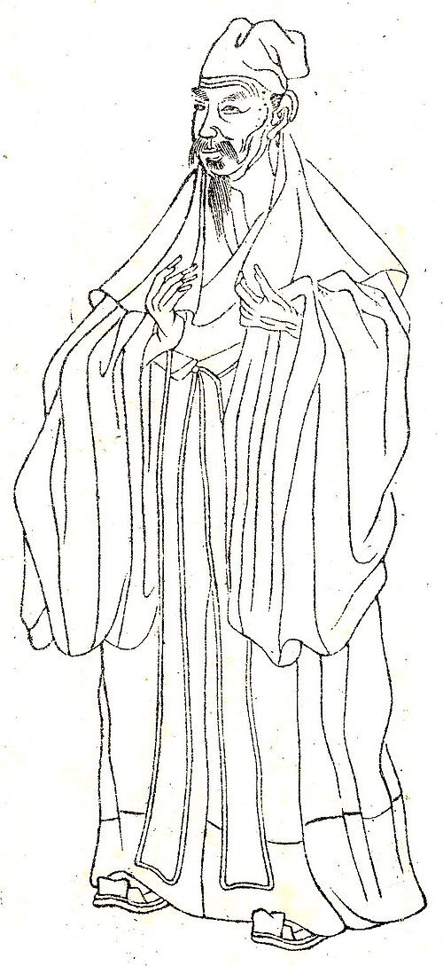 薄いあごひげを生やし、厚いローブを着て、柔らかく垂れ下がった帽子をかぶっている年配の男性の線画。