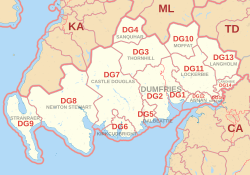 DG郵便番号区域地図。郵便番号地区、郵便局所在地、および近隣の郵便番号区域を示しています。