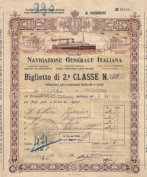 1925年9月5日にイタリアのナポリからニューヨークへ出航したSSジュリオ・チェーザレ号の二等乗船券の表面。