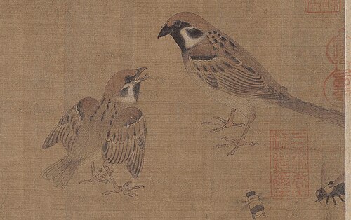 黄泉作、965年頃の絹本墨画の一部。雛鳥が成鳥から餌をねだっている様子が描かれている。