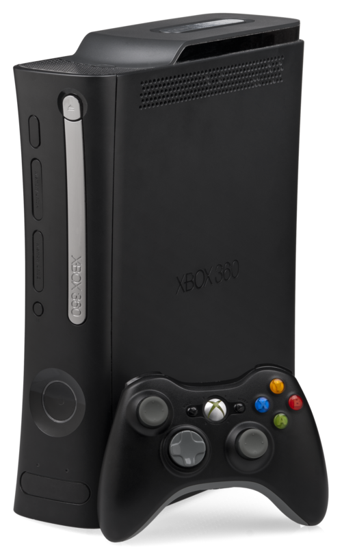 黒のワイヤレス コントローラーを備えた Xbox 360 Elite コンソール。