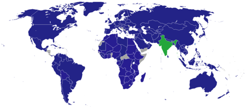 インドの外交使節団（青）と本部および国内事務所（緑）
