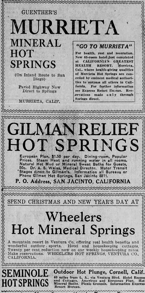 1926年のロサンゼルス・イブニング・エクスプレス紙に掲載された、南カリフォルニアの温泉リゾートの広告の束：グエンサーズ・ムリエタ・ミネラル・ホット・スプリングス、ギルマン・リリーフ・ホット・スプリングス、ウィーラーズ・ホット・ミネラル・スプリングス、セミノール・ホット・スプリングス
