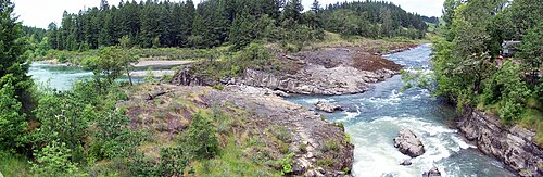 岩の上を激しい白波が流れ、両岸に木々が生い茂る、二つの川の合流地点。