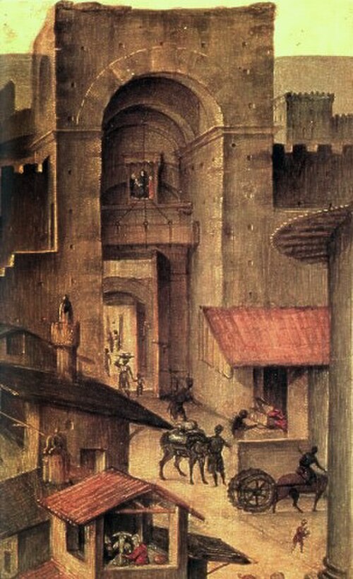 フィリッピーノ・リッピが1493年に描いた絵画に描かれた、堂々とした正面を持つ城門。後に解体された。