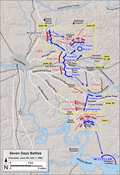 地図には「七日間の戦い、概要:1862年6月25日~7月1日」と記されている。