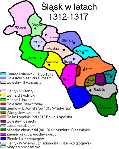 シレジア 1312-1317: 1313 年にボレスワフのためにオレシュニツァ公国 (青、北) が創設された