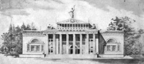 1896 年のテネシー州百年祭および国際博覧会におけるウーマンズ ビルディングのイラストレーション。中央のブロックに高い柱が並ぶ 2 階建てのクラシックなデザインです。