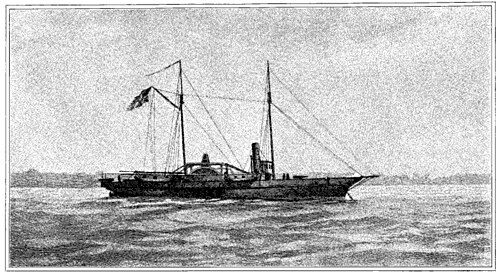 「水彩画からとった USS ヘッツェルの白黒画像。クリッパーの船首を右側にして錨泊している。マストが 2 本あり、後部 (メイン) マストのガフに大きなアメリカ国旗が掲げられている。右舷の舷輪は船体中央より少し後方にある。1 基の煙突はほぼ同じ距離前方にある。上部構造には煙突の前方の操舵室、エンジンの一部、煙突の後方のキャビンの列がある。主砲 1 門は前方のメイン デッキに、もう 1 門は船尾に取り付けられている。」