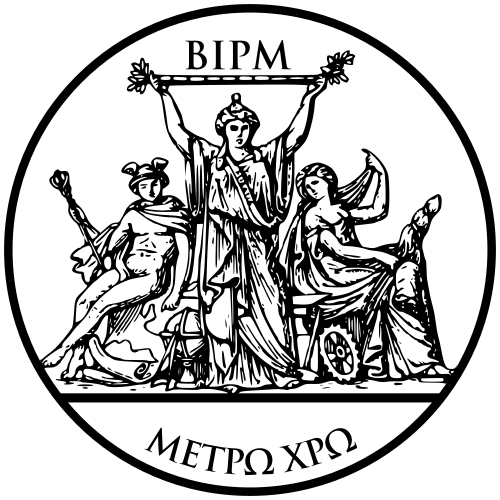 BIPM シール: 3 人の女性、1 人は測定棒を持っている