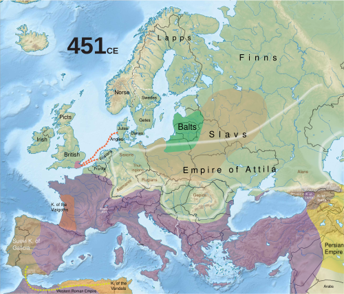 西暦451年のヨーロッパを描いた彩色図。アッティラの時代の国家の国境が異なる色で示され、ローマ帝国は紫色で、フン族連合は名前で示されている。