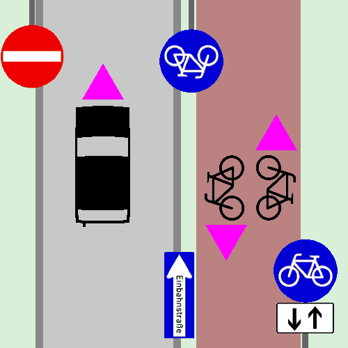 一方通行の道路で、右側に双方向通行の自転車専用レーンが1本ある。