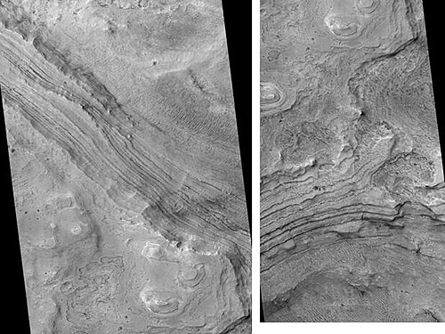 HiRISE から見たメラス カズマ層状堆積物の 2 つのビュー。左の写真は、右の写真の北側にあります。写真の縮尺は異なります。画像をクリックすると、層の詳細が表示されます。