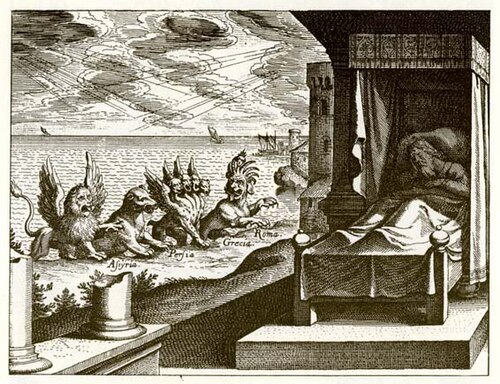 眠っているダニエルとそれを見守る4匹の獣の木版画。