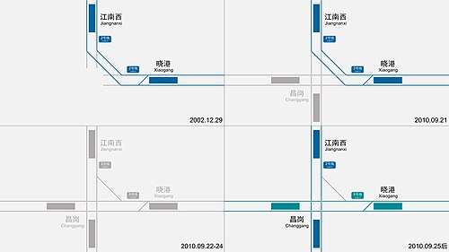 2002 年から現在までの江南西から小港までのエリアの線路構成。