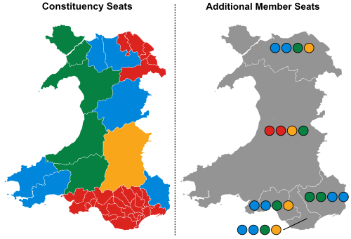 選挙区ごとの当選者を政党の色で示した地図。