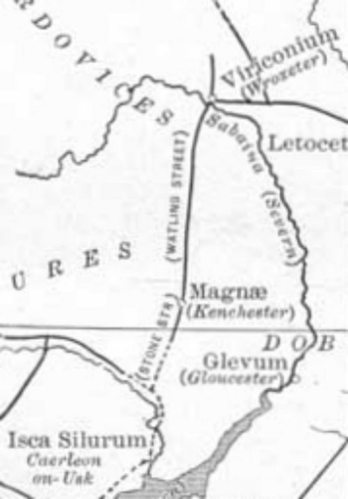 1910年の地図に描かれたウェールズの「ワトリング通り」の詳細図