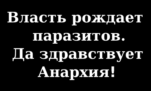 ロシア内戦中にウクライナ革命反乱軍が使用した旗。「権力は寄生虫を生む。無政府状態万歳！」と書かれている。