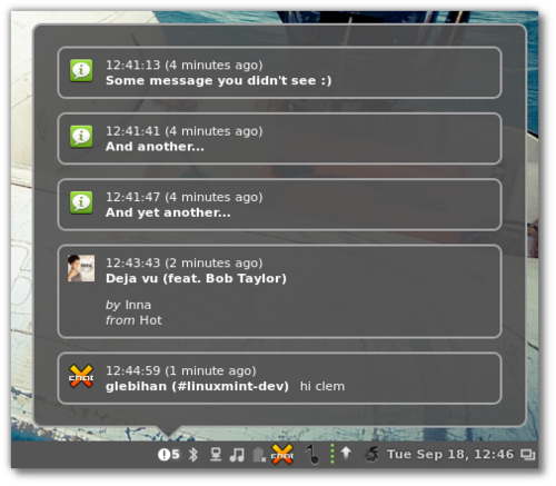 Cinnamon 1.6で通知アプレットを表示しています。