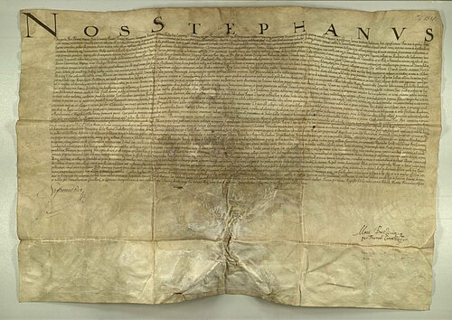 1581年にステファン・バートリが署名した、クルジュにあるクラウディオポリタン・アカデミー・ソシエタティス・イエズスを設立した卒業証書のデジタルスキャン