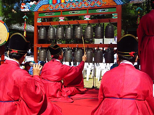 韓国の文廟で行われた儒教の儀式で演奏するアーク奏者たち