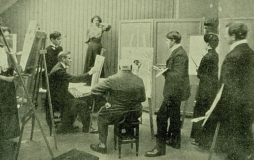 クリスティアン・クローグ (1852–1925)、オスロのスタテンス・クンスタカデミで授業を講義する中央に座る
